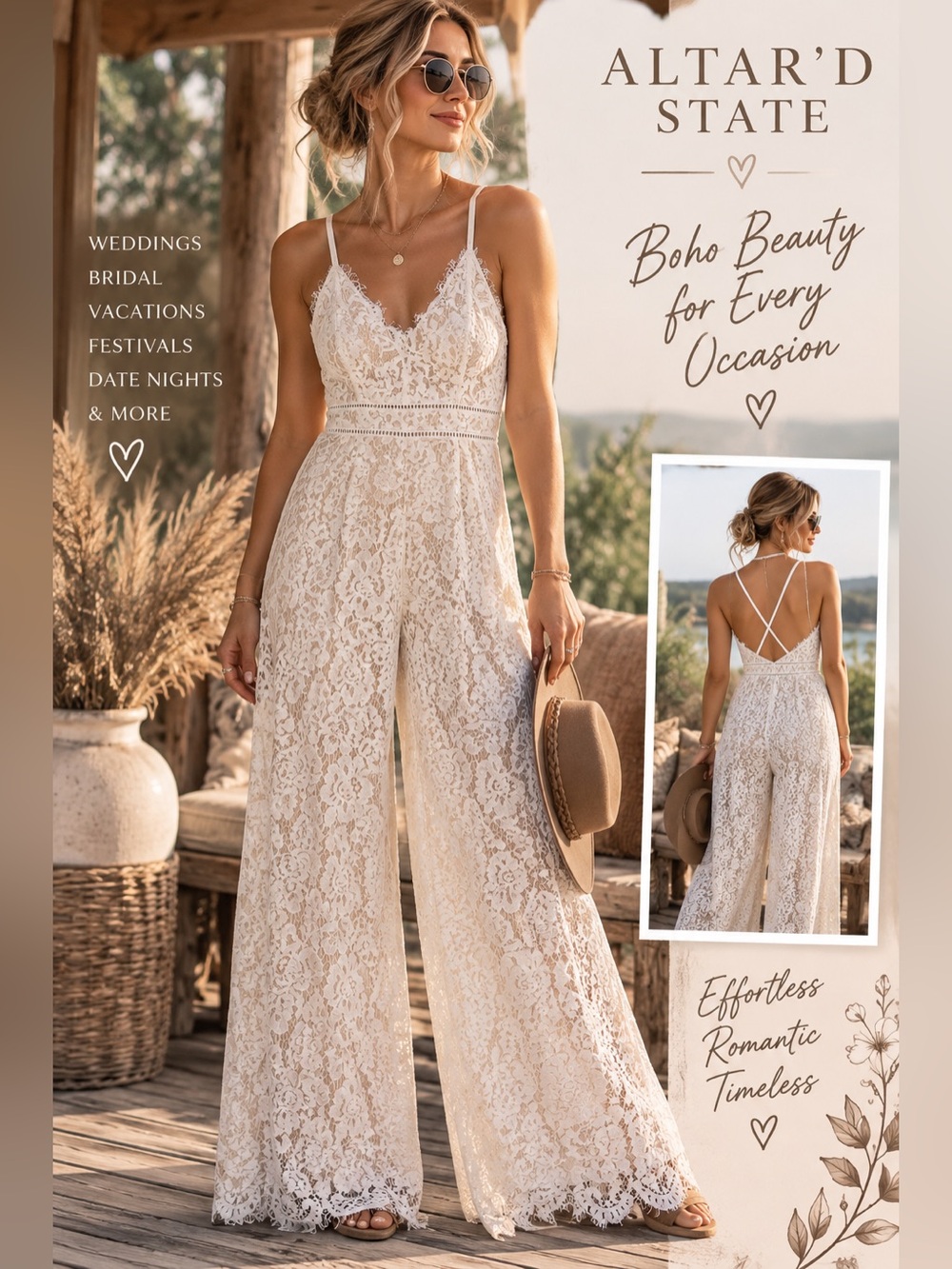 Altar’d State Lace Jumpsuit Large Ivory Wide Leg Criss Cross Back Bridal